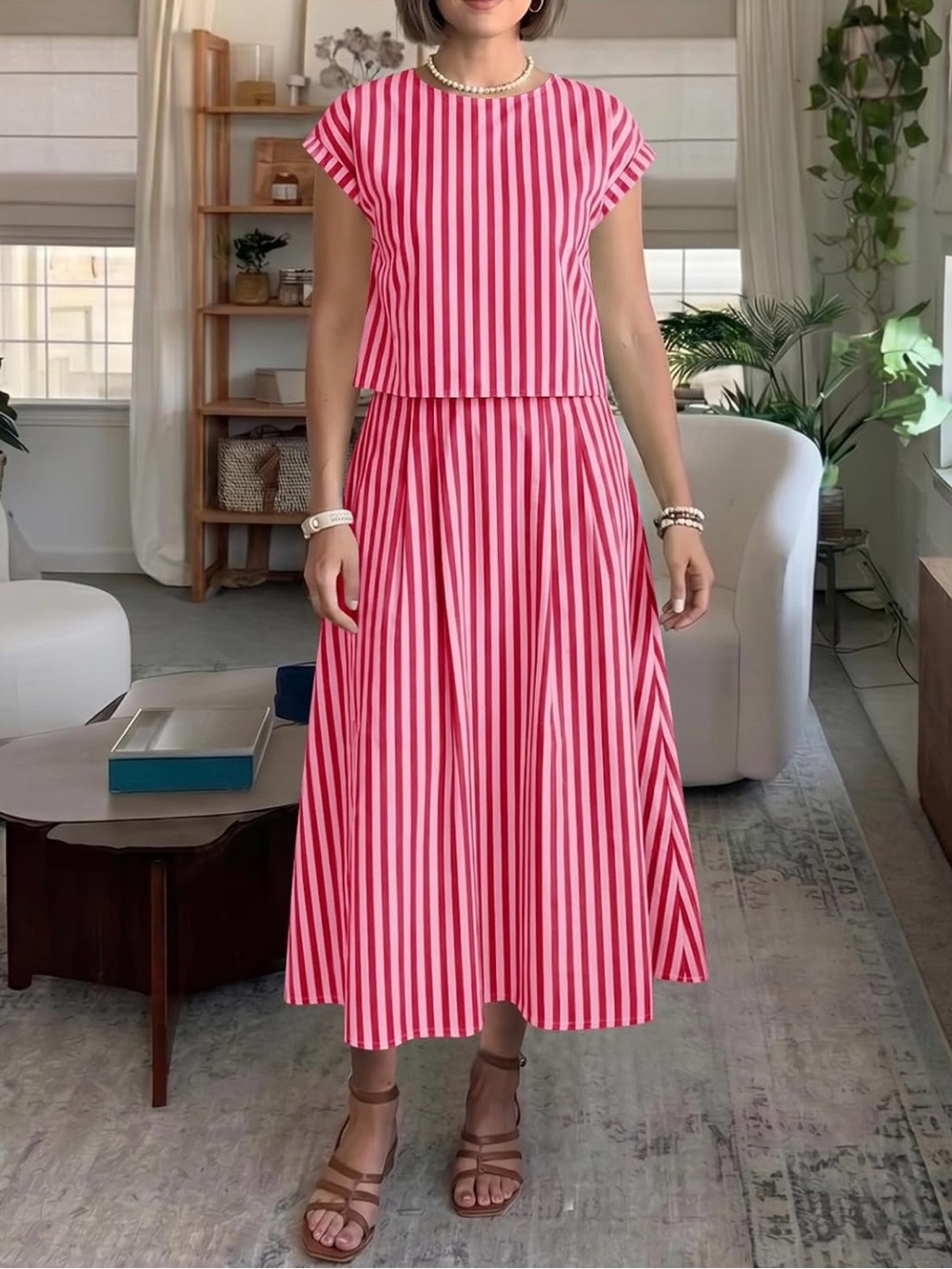 Amazon Pink and red Vertical Stripe Midi Skirt Set